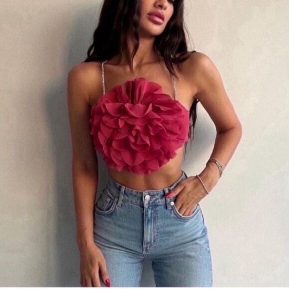 NWT TOP CHIFFON FLEURS ROSE Size M - Picture 1 of 15